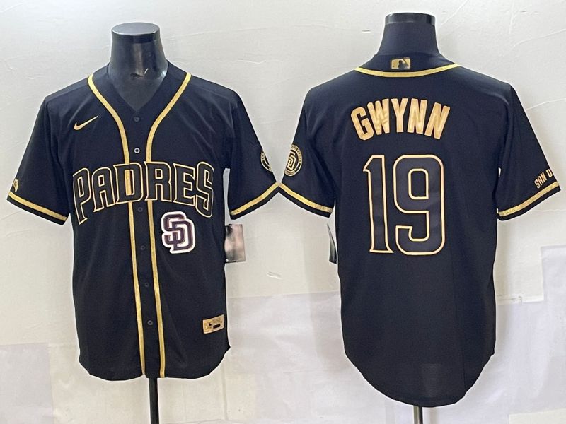 Men 2025 San Diego Padres 19 Gwynn Black Gold Throwback Nike MLB Jersey style 01